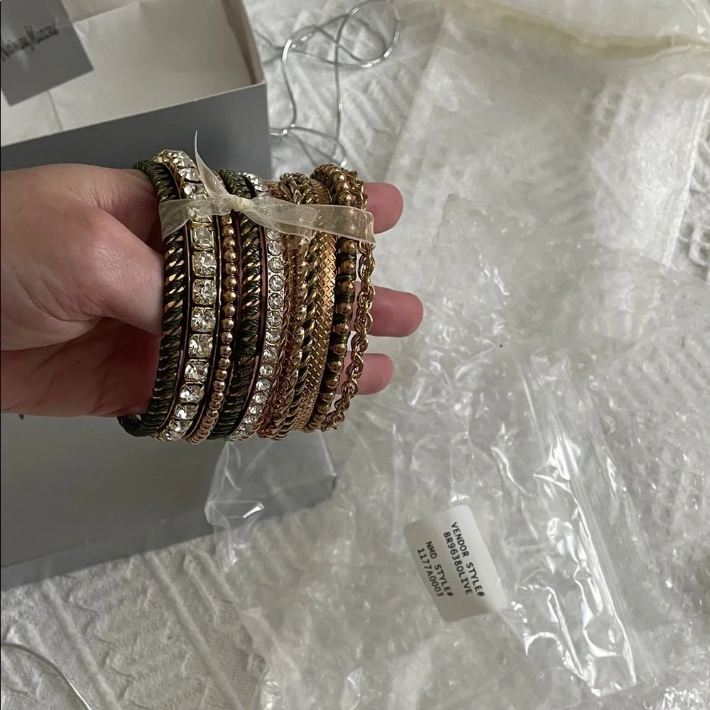 NWT Neiman Marcus 13 bangle bracelet set gold crystal olive green